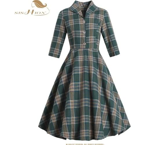 Autumn Lapel Three-quarter sleeves Green plaid Dress SP1264 Slim Hepburn Retro big swing dress women Falads