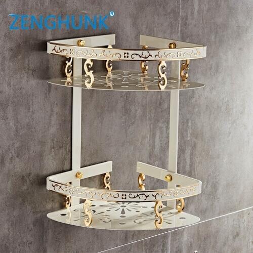 Bathroom Shelf Aluminum White & Gold Shower Shampoo Soap Bathroom Corner Shelf Bathroom Accessory Storage Organizer Rack Holder