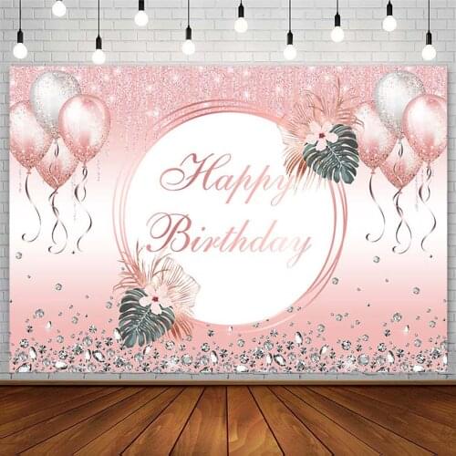 Happy Birthday Backdrop Girl Party Decor Pink Silver Balloon Shiny Photography Background Photo Studio Photocall Photozone Props