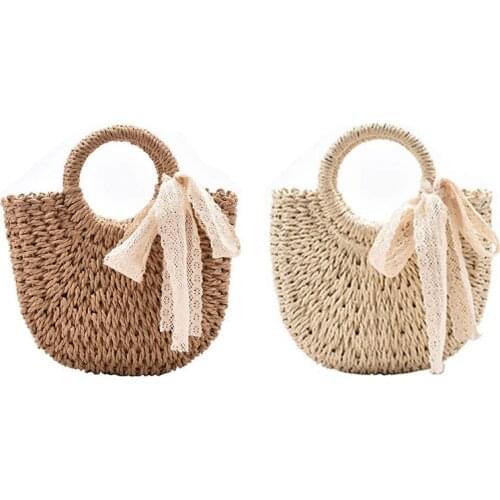 New Straw Bag Women Hand-Woven Handbag Moon Shape Rattan Bag Big Capacity Drawstring Casual Travel Beach Shoulder Bag