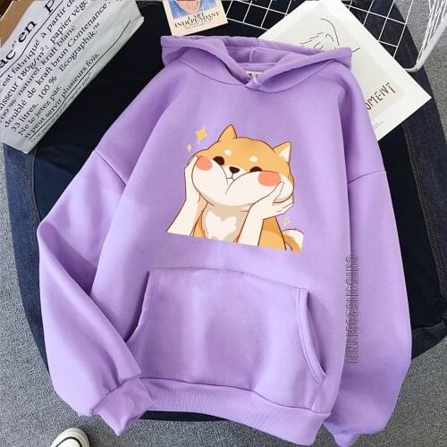 Harajuku Ulzzang Hoodie Lady Kawaii Cartoon Shiba Inu Sweatshirt Purple Autumn Long Sleeve Cute Women Streetwear Pullover Tops