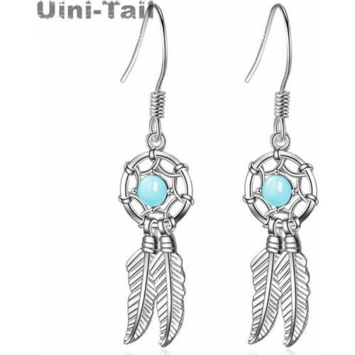 Uini-Tail 2019 new listing 925 sterling silver dream catcher earrings simple blue beads ethnic style retro long earrings ED453