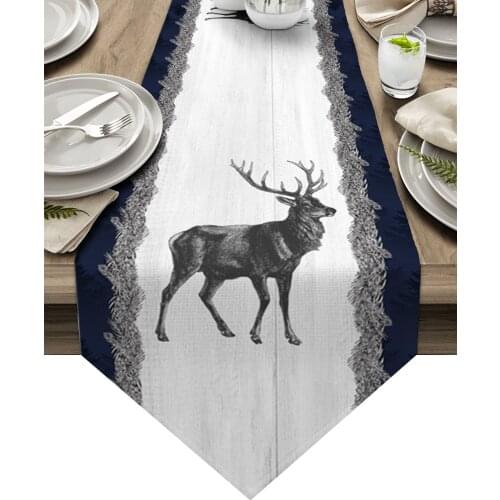 Blue Forest Texture Reindeer Wood Grain Table Runners Modern Home Dining Room Decor Table Cloth Wedding Party Table Runners