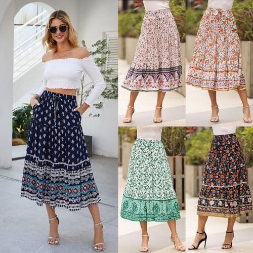 Summer Boho Skirt Women Print A Line High Waist Floral Skirt Elegant Casual Beach Faldas Female Elastic Waist Holiday Skirts