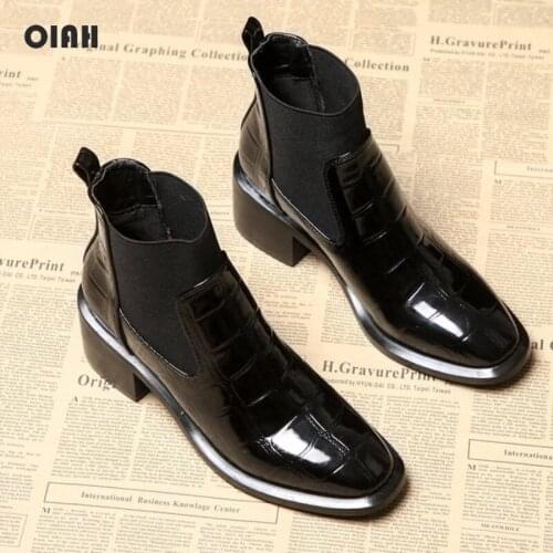 OIAH 2021 Women PU Ankle Boots Pull on Block Heel Square Toe Chelsae Short Boots Casual Warm Black Shoes