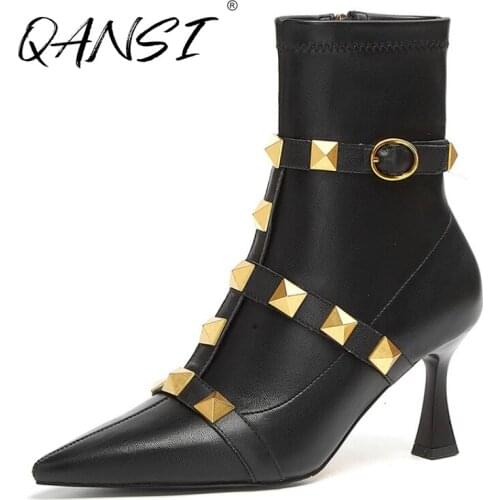 Winter Rivet Point Toe High Heel Womens Ankle Boots Sexy Metal Button Leather Boots for Women Original Spool Heel Lady Boots
