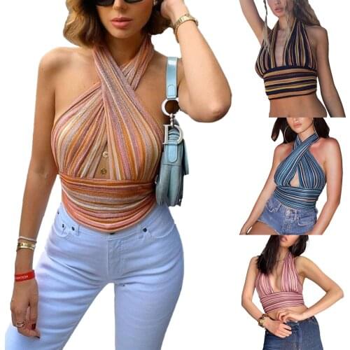 Women Close-fitting Sexy Vest, Stripe Printed Pattern Halter Neck Sleeveless Crop Tops Black/ Wine Red/ Pink/ Blue