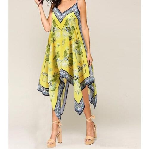 2021 Summer New Floral Printing Vintage Temperament Sling Loose Dress Fashion Sleeveless Irregular Dresses Elegant Vestidos