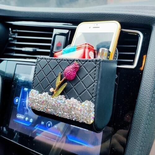 1 X Car Interior Storage Bag Pu Leather Box Car Interior Organizer Phone Holder Stowing Tidying Air Vent Pocket with Crystal