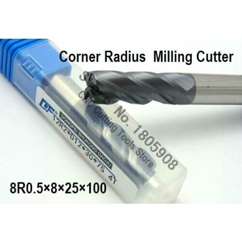 1PCS 8R0.5*8*25*100 long 8mm 4 flutes Cemented Carbide Corner Radius endmill CNC router bit milling cutter tool