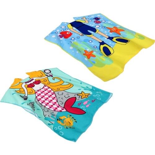 2pcs 60x120cm/23.6x47inch Kids Swimming Surfing Beach Bath Changing Robe Hooded Poncho with Diver Mermaid Image on