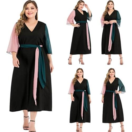 Middle East Dubai Casual Loose Long Dress Muslim Arab Abaya Women Plus Size Kaftan Maxi Robe V-neck Color Block Spring Summer