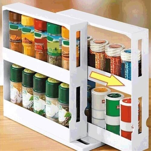 2 Layer Rotating Organize Spices Jar Bottle Storage Rack Kitchen Bottle Storage Organizer Shelves Slide Cabinet Shampoo Rack