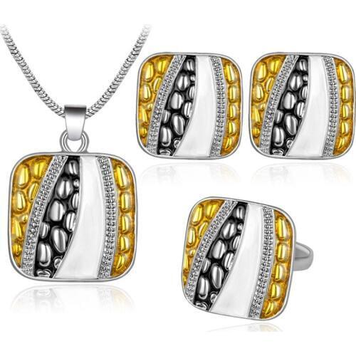 Enamel Geometric Jewelry Sets Square Shaped Pendant Necklace Earrings Ring Women Fashion Jewelry Accessory