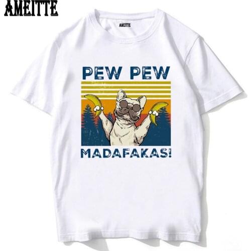 Dog German Shepherd Pew Pew Madafakas Crazy Vintage T-Shirt New Summer Short Sleeve Funny Boy Casual Tops Hip Hop White Tees