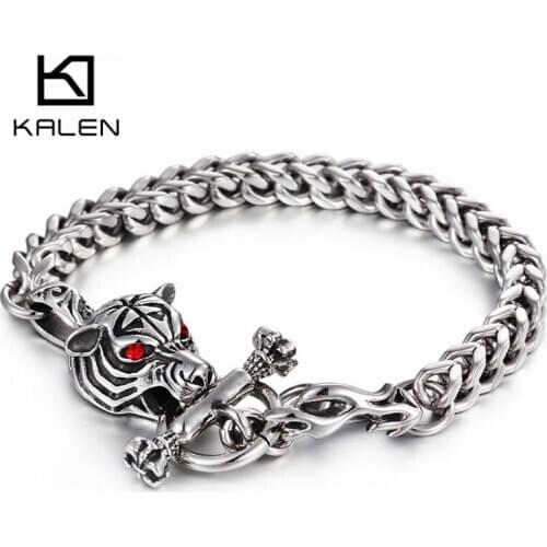 KALEN High Polished Stainless Steel Link Chain Red Eyes Tiger Head Charm Bracelet For Men Gothic Mens Animal Jewelry Accessory
