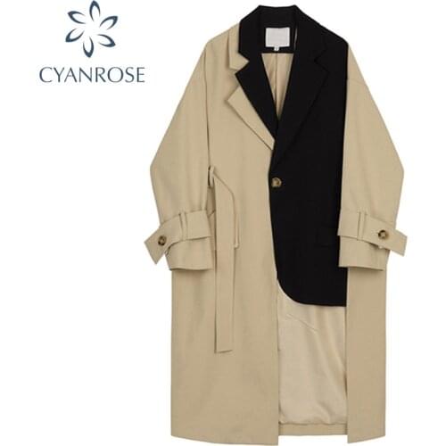 Korean Loose Long Sleeve Trench Coats Women One-Button Hit Color Design Suit Windbreaker Jacket Female 2021 Autumn New Clothing