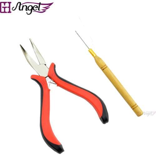 Wholesale 1pc Bend Tip Curly Plier+1pc Pulling Needle DIY press tongs for hair extension tool Micro Tubes Rings Crochet Hook