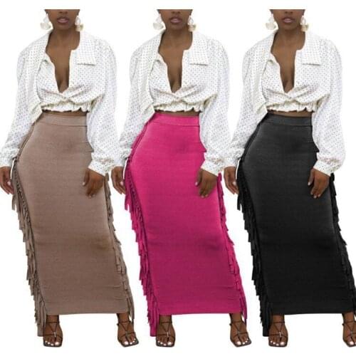 Summer Side Tassel Long Skirts Summer Fashion Solid Maxi Long Dress Vintage Streetwear Nightclub Party Bodycon S-XXL