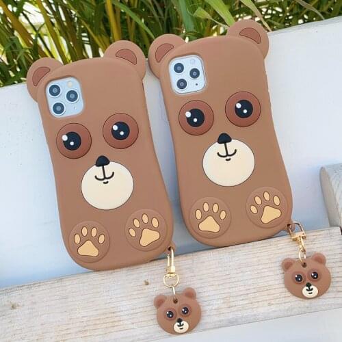 3D Cute Cartoon Bear Phone Case for iPhone 12 Mini 11 Pro XS Max SE 2020 Lanyard Hanging Rope Soft Silicone Cover with Pendant