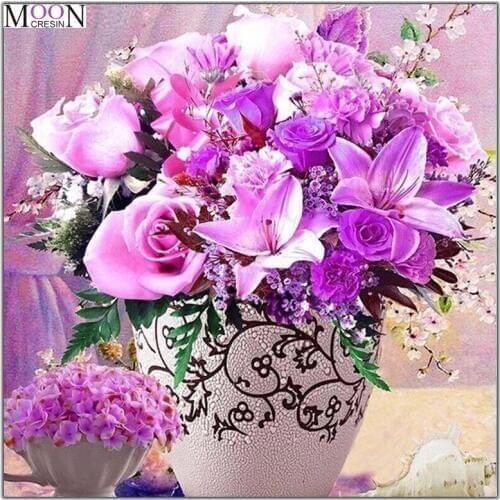 MOONCRESIN Diy Diamond Painting Cross Stitch Vase Purple Flower Diamond Mosaic Round Diamond Embroidery Decoration Handmade Gift