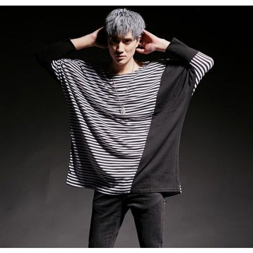 Men spring summer oversized t shirt striped patchwork tops streetwear mens nightclub singer hip hop tee shirts stage costume