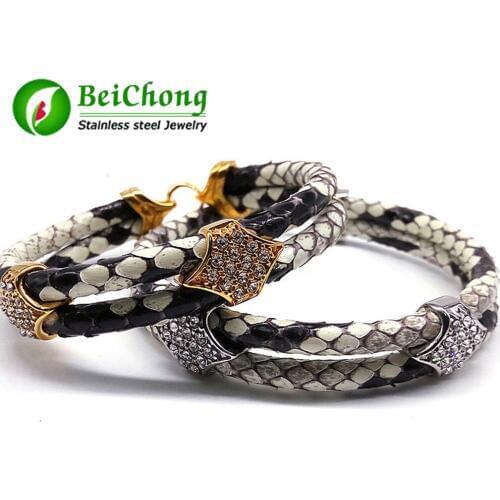 10 pieces/lot) Mens Python Skin Leather Bracelets Real Python Bracelet With Rose Gold Real Stainless Steel Clasp