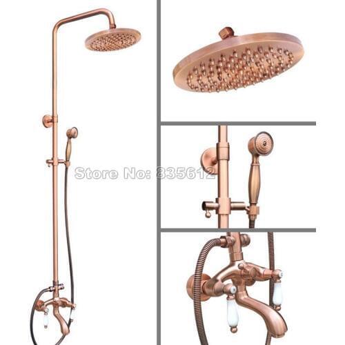 Wall Mounted Bathroom Antique Red Copper Dual Holder Dual Control Bathtub Mixer Tap / Classic Rain Shower Faucet Set Wrg563