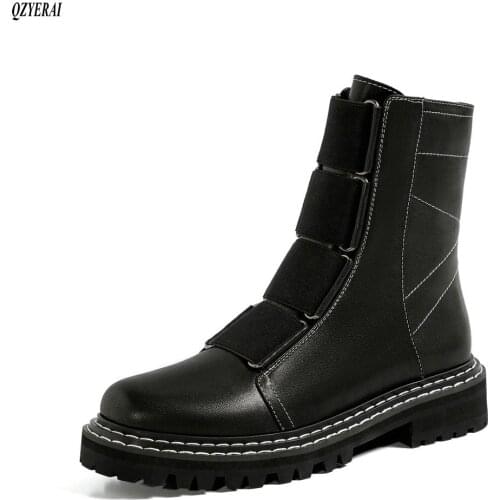 Autumn Motorcycle Boots Women Natural Genuine Leather Buckle Flat Ankle Boots Punk Rivets Zipper Shoes Female Size 34-40