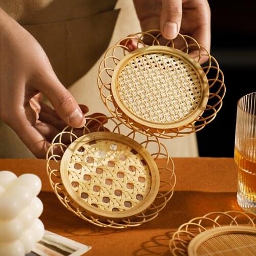 Japanese Style Drink Cup Coasters Tea Pad Bamboo Woven Saucer Mat Non-slip Pot Holder Rattan Woven Cup Mat Dining Table Placemat
