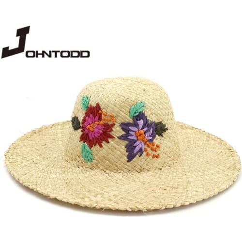 Sequined letters embroidery big eaves sun hat straw hat ladies summer Korean sun hat beach sunscreen foldable Panama hat flowers