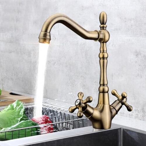 Retro Vintage Antique Kitchen Faucet Brass Two Handle Copper Hot & Cold Tap