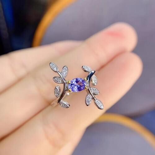 Luxurious big width leaf sprouting Natural blue tanzanite Ring S925 Silver Natural Gemstone Ring Womens party gift fine Jewelry