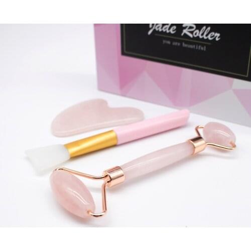 Rose Quartz Roller Face-lifting Massager Natural Jade Facial Massager Roller Slimming Jade Scraping Mask Brush Three-piece Set