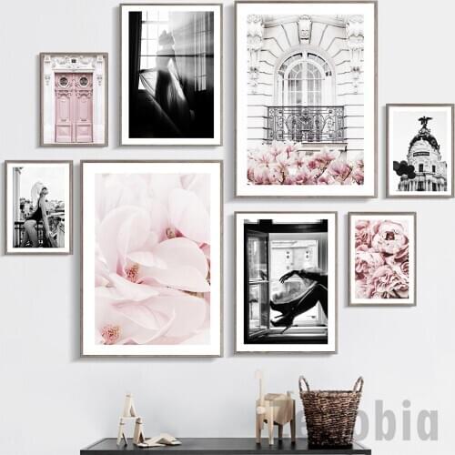 Modern Fashion Girl Decoration Nordic Pink Flower Style Wall Art Black White Hd Posters and Prints Picture for Kawaii Room Decor