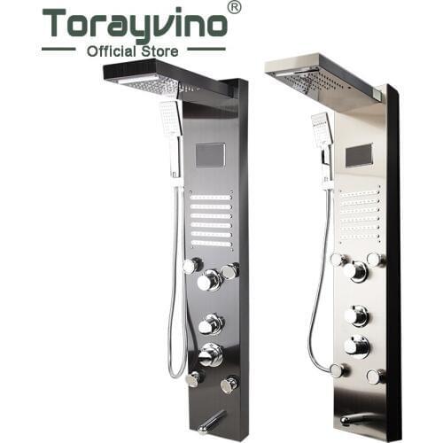 Torayvino LED Bath Shower Faucet Temperature Digital Display Shower Panel Body Massage System Jets Towel Shower Column Faucet