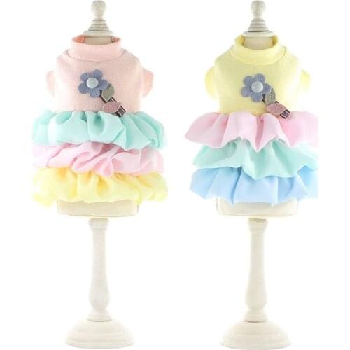 Spring Summer Dog Dresses Rainbow Cake Skirt for Dogs Flowery Princess Dog Costume