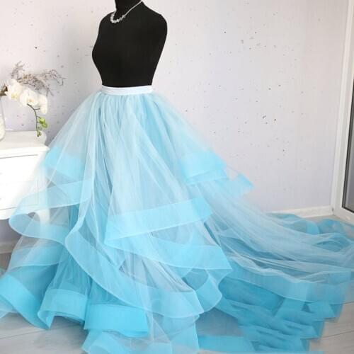 Pretty Sky Blue And White Ruffles Tulle Bridal Skirts Real Image Organza Edge Puffy Women Skirts To Picture Shoot Ball Gowns