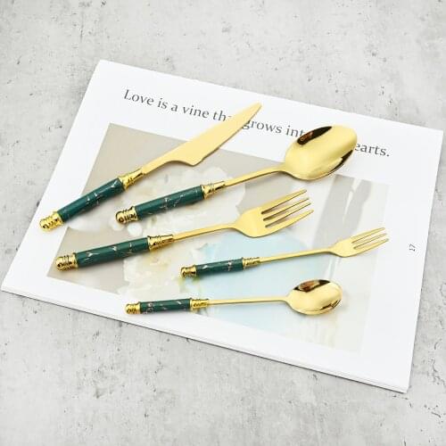 Green Gold Marbled Ceramic Cutlery Set Mirror Stainless Steel Tableware Set Knife Coffee Spoon Cake Fork Dinnerware Storage Tray