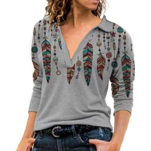 New Stylish Long Sleeve Casual Blouse Turn-down Collar Chic V Neck Retro Printed Women Blouse Ladies Pullover Clothing Tops