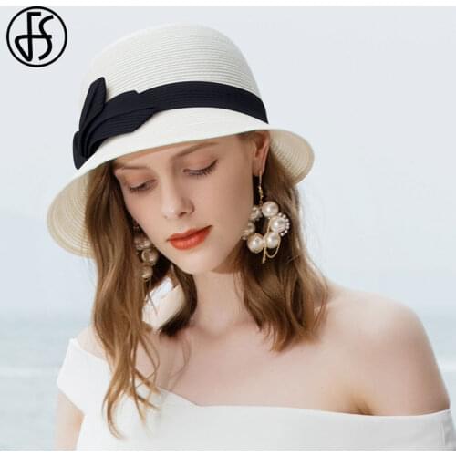 FS Summer Hat Women Beach Straw Hat Bowler Wide Brim Floppy Ladies Cap Fashion Black White Bowknot Sun Hats 2021 Travel Cap