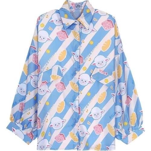 Cute Oversize Sheep Print Shirt Girl Funny Summer Loose Strip Shirt Women Harajuku High Street Tops Hip Hop Korean Clothes Shirt