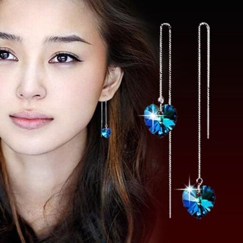 925 Silver Fashion Tassel Long Sea Heart Earrings Temperament Blue Crystal Earrings For Women Exquisite Jewelry Engagement Gift