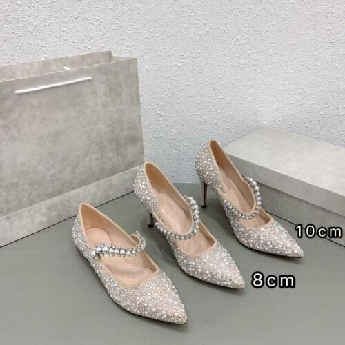 2021 New Women Lady pearl Poined Toe high heels shoes pumps Mary Janes Slingback sandals Wedding Shoes