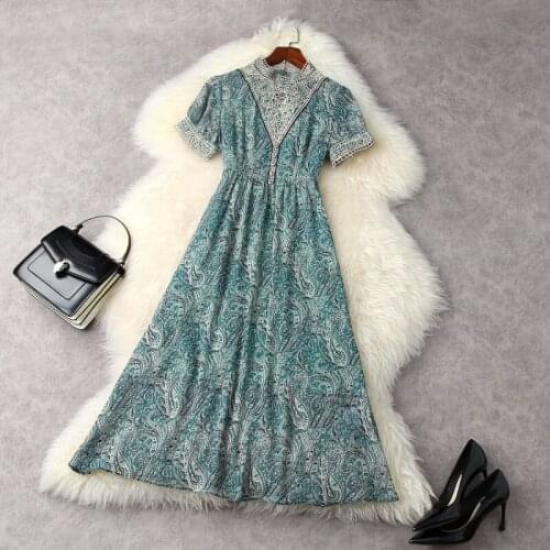 2021 Short Sleeve Embroidered Hollowed-out Standing Collar Fashion Print Dress European and American Womens Wear for Spring