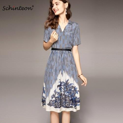Schinteon Women Striped Dress with Belt 100% Real Silk Print Polo Collar Short Sleeved Slim Dresses Summer New Vintage