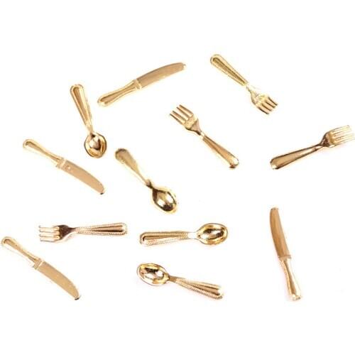 12Pcs 1:12 Mini Vintage Dollhouse Miniatures Tableware Cutlery Metal Knife Fork Spoon Kitchen Food Furniture Toys Gold Silver