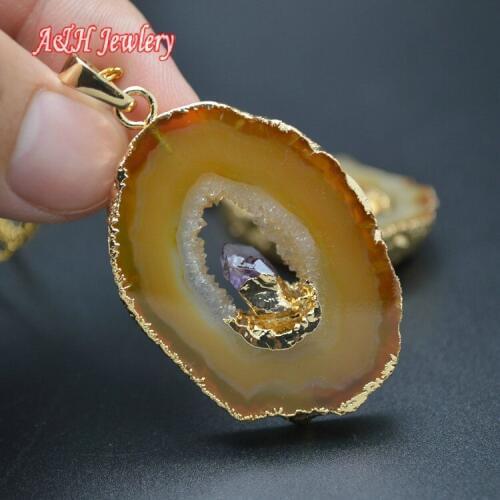 5pcs New Arrival Yellow Drusy Slice Pendant With Crystal Inset 16'' Chain Fashion Women Necklace