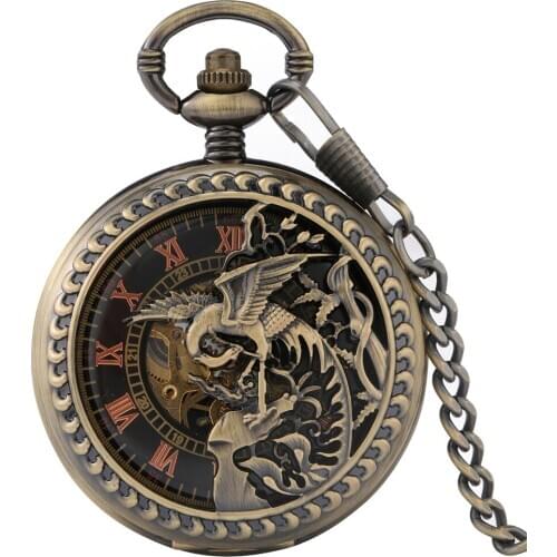 Retro Bronze Phoenix Carving Hollow Cover Double Open Case Pocket Watch Mechanical Hand Winding FOB Chain Watch for Men Women