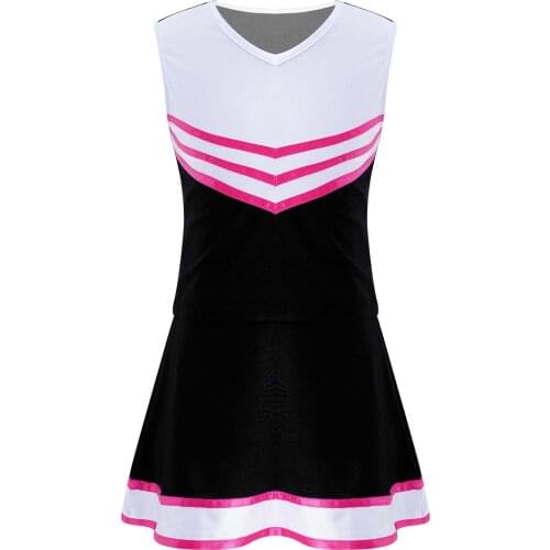 Kid Girls Cheerleader Costumes Outfit Striped Patchwork Crop Top with Skirt Jazz Dancewear Set for Carnival Cheerleading Clothes